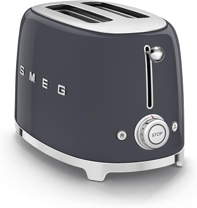 Smeg 50's Style Retro Aesthetic 2 Slice Toaster 6 Presets Extra Wide Slots Grey, TSF01GRUS