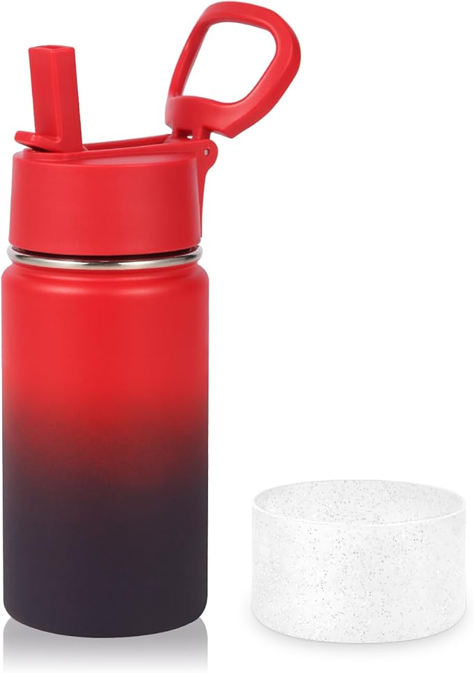 Volhoply 14oz KIds Stainless Steel Insulated Leakproof Water Bottle with Straw Lid and Silicone Boot,BPA-Free Easy Use for Boys&Girls,Double Wall Vacuum Bottles(Red Purple,1)