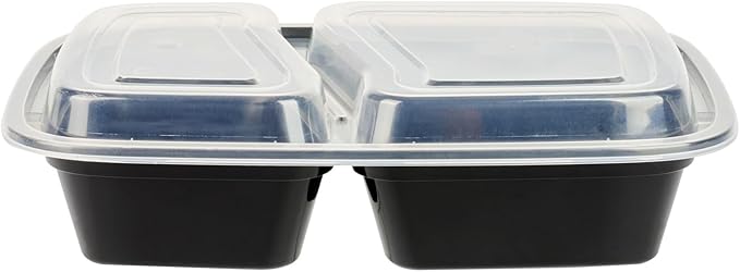 Asporto 32 Ounce Compartment Take Out Boxes, 50 Microwavable Meal Prep Containers - 2 Compartments, With Clear Plastic Lids, Black Plastic Food Containers, Do Not Contain BPA - Restaurantware