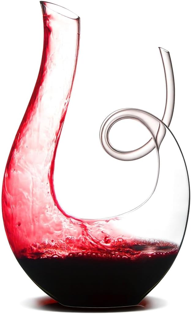 Art Series Swan Swirl Wine Decanter, Hand Blown, Lead-Free Glass with Wide Base for Aeration, + Cleaner Elegant U-Shaped Design with Spill-Reducing Spout – 33.8 oz – Modern Display for Red Wine Lovers
