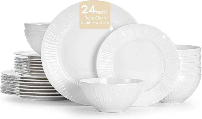 KINGSTONE Bone China Dinnerware Set, 24-Piece White Lightweight Porcelain with Textured Design Service for 8, Plates, Bowls, for Family Dining, Restaurants, Gifting，Microwave and Dishwasher Safe