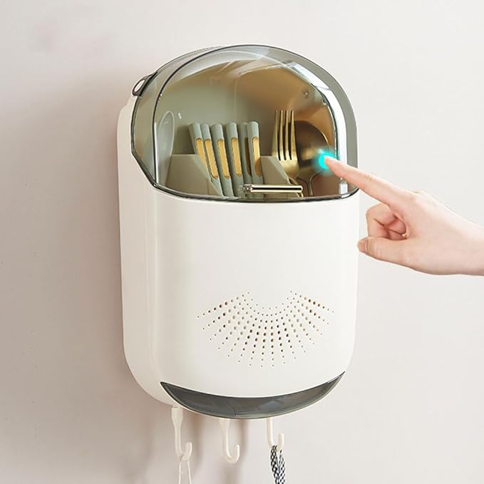 Wall Mounted Cutlery Holder - Kitchen Utensil Storage Box with Lid - Chopstick Container - Dustproof Spoon and Chopstick Organizer - Drain Racks