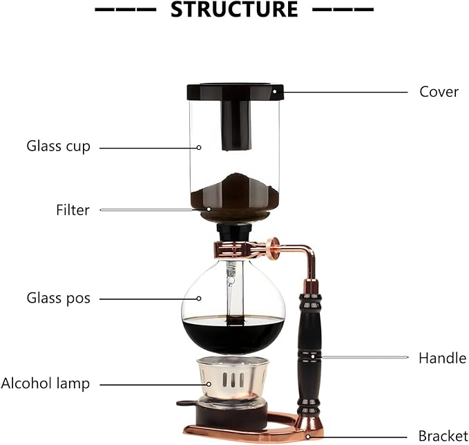 Tabletop Glass Siphon Pot, Vacuum Siphon Coffee Maker 3-Cup (360ml) with Alcohol Burner, Adjustable Buffer Clamp, Stainless Steel Bracket Base for Coffee Aficionados