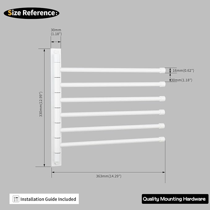 GERZWY Bathroom 6 Arms Swing Arm Towel Bars Wall Mount Bath Towel Rack Hanger Stainless Steel Towel Holder Organizer, White