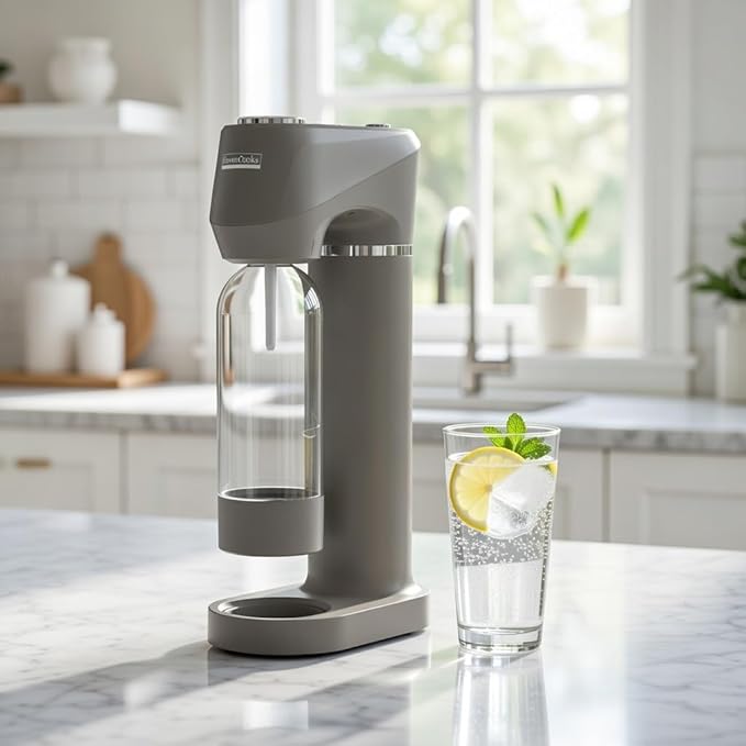Home Sparkling Water Soda Maker with 2 BPA-Free Bottles (1L + 0.5L) - Carbonated Water Seltzer Fizzy Drink Machine, Compatible with Screw-In 60L CO2 Carbonator (Not Included), Gray