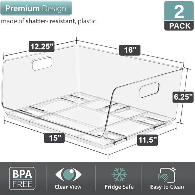 Sorbus Stackable Storage Bins Open Front - Clear Storage Bins - Pantry Bins for Storage and Organization - Acrylic Stackable Bins for Kitchen - Clear Pantry Organizer Bins (Large 2 Pack)