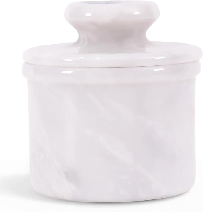 Butter Keeper 4.25 Inches White Handmade Marble Covered Butter Dish with Lid for Countertop, French Butter Crock for Soft Butter Spreader, Perfect Mother’s Day Gift, Kitchen Storage
