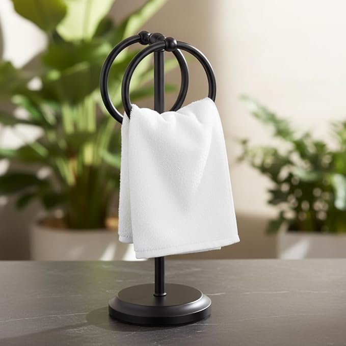 J&V TEXTILES Steel Towel Rack Holder Stand with 2 Hanging Rings for Bathroom Vanity Countertops - Space Saving Hand Towel Holder (Matte Black)