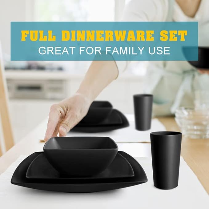 Teivio 48-piece Plastic Wheat Straw Square Dinnerware Set for 12, Unbreakable Dinner Plates, Salad Plates, Snack Bowls, Tumblers 13.5 oz, Dishwasher Safe Kitchen Outdoor Camping RV Dish, Black