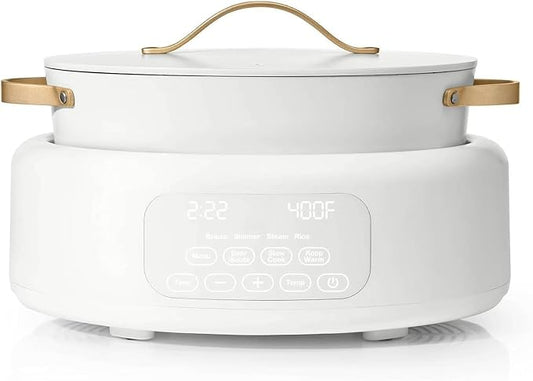 10-in-1 Electric Multi-Cooker by Drew Barrymore, 6-quart, digital display, 10 cooking functions, non-stick pot, easy one-touch control (White Icing)