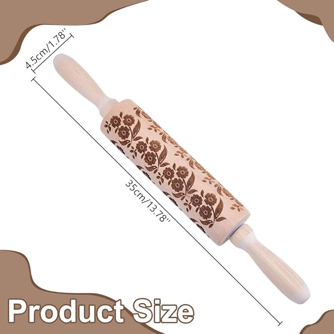 Embossed Wooden Rolling Pin Flower Leaves Print 35cm Rolling Pin for Baking Biscuits 3D Pattern DIY Kitchen Tool Baking Accessories Homemade Bakery Pastry Cookie Fondant Dough Pizza