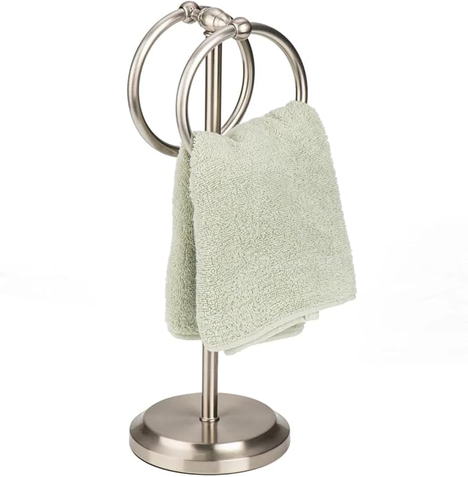 J&V TEXTILES Steel Towel Rack Holder Stand with 2 Hanging Rings for Bathroom Vanity Countertops - Space Saving Hand Towel Holder (Brushed Satin Nickel)