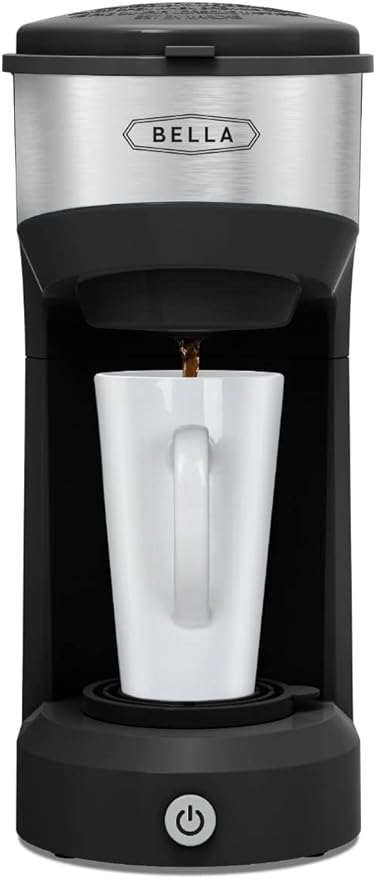BELLA Dual Brew Single Serve Coffee Maker, Brews both Kcup and Ground Coffee, Large 14oz Capacity, Easy One Touch, Auto Shutoff, Black