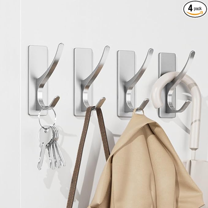 pickpiff Silver Self Adhesive Coat Hooks for Hanging: 13LB Extra Strong Stainless Wall Hook for Towel, Utensil, Backpack, Hat, Sturdy Metal Hanger for Bathroom, Kitchen, Door, 4-Pack