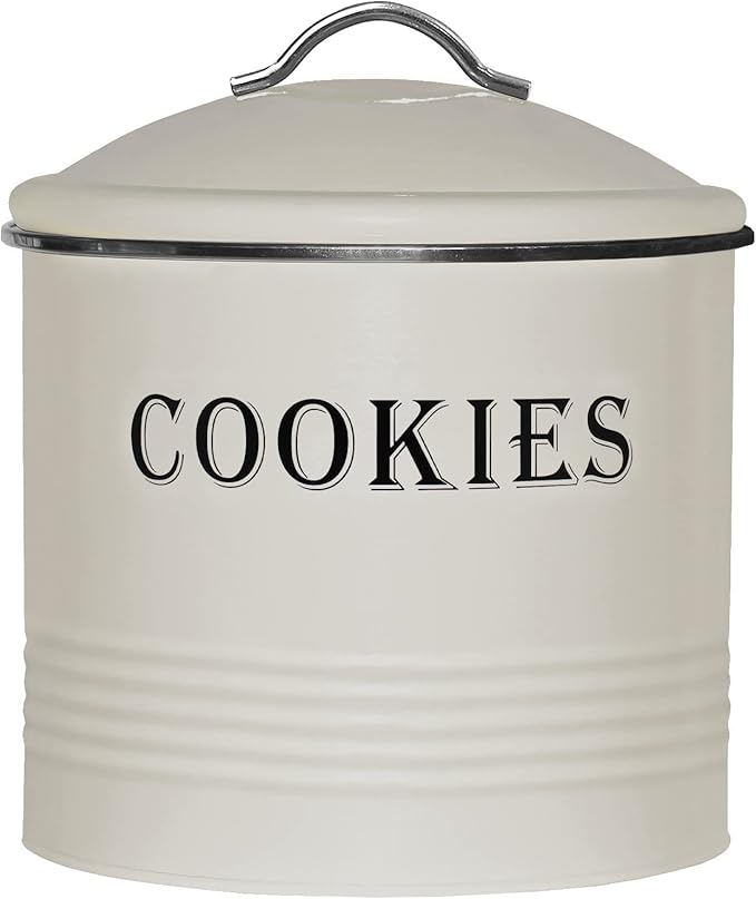 Blue Donuts Vintage Cookie Jar - Airtight Counter Cookie Container, Ivory Tin with Lid for Gift Giving, Large Capacity