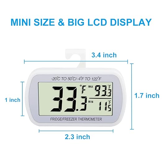 Waterproof Refrigerator Fridge Thermometer, Digital Freezer Room Thermometer, Max/Min Record Function Large LCD Screen and Magnetic Back for Kitchen, Home, Restaurants (1 Pack)
