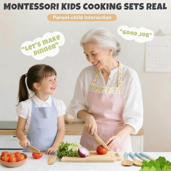 Wooden Kids Safe Knife and Kids Baking Set for Real Cooking, Toddler Montessori Kitchen Tools, Cooking and Baking for Kids Little Chefs Montessori Kitchen Tools for Toddlers-Kids Cooking Sets