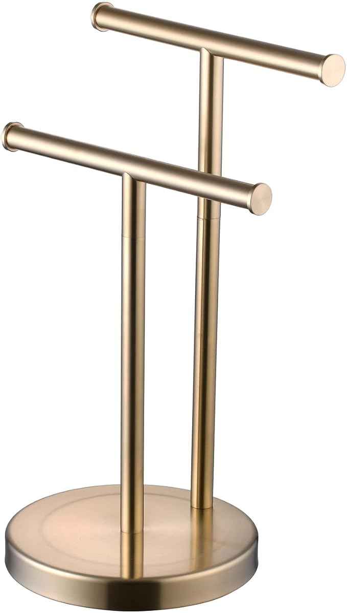 SHUNLI Hand Towel Holder Stand, Double T-Shape Hand Towel Stand Rack for Bathroom Countertop, SUS304 Stainless Steel, Brushed Gold