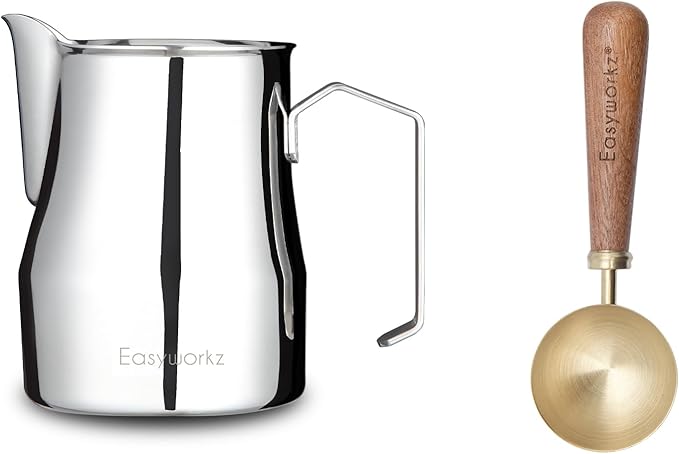Easyworkz Espresso Steaming Pitcher Stainless Steel 15 oz Latte Art Cup, Bundled with Easyworkz Retro Stainless Steel Coffee Spoon With Black Walnut Handle,10g - Measuring Spoon (Brushed gold)