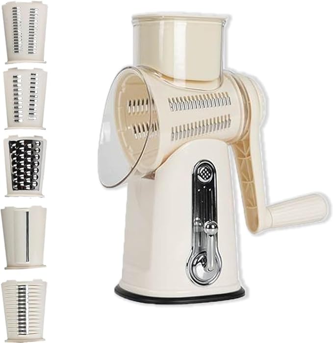Chef Power Premium Quality 5 in 1 Cheese Grater Hand Crank - Stainless Steel Rotary Cheese Grater for Effortless Grating - Durable and Ergonomic Design for Professional and Home Use (Beige)