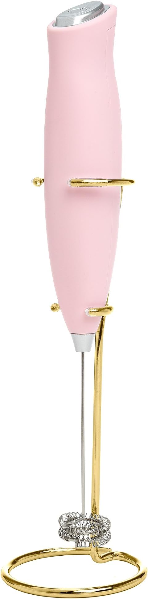 Paris Hilton Electric Handheld Milk Frother with Double Coil Head Whisk and Gold Metal Stand, Battery Powered (2 AA Batteries Required but Not Included), Pink