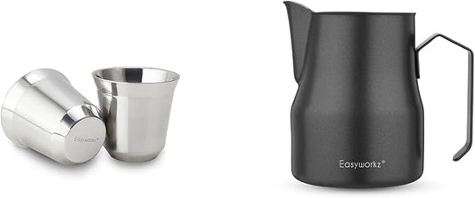 Easyworkz Stainless Steel Espresso Cup 2pcs Set Double Wall 2.5 oz, Bundled Espresso Steaming Pitcher Stainless Steel 15 oz Coffee Frothing Picther Milk Jug Cappuccino Latte Art Cup