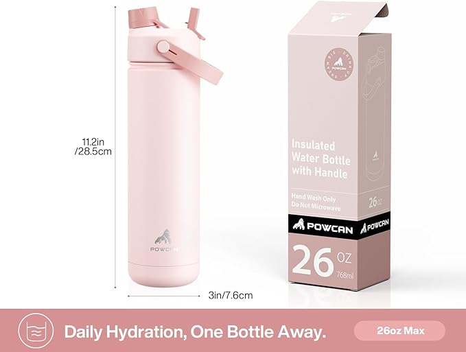 POWCAN 26 oz Insulated Water Bottle with 2-in-1 Straw and Spout Lid, Keep Cold 24H, Leak-Proof, Fits in Car Cup Holder, Stainless Steel Water Bottle for Sports, Travel, Gift, and School (Rosy Bouquet)