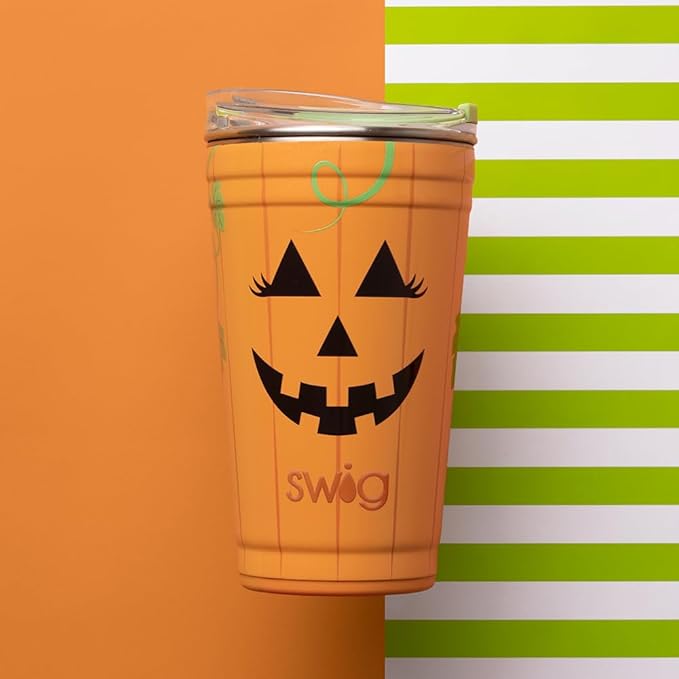 Swig Life 24oz Party Cup, Halloween Insulated Travel Coffee Tumbler with EZ Slider Lid, Cup Holder Friendly, Stainless Steel 24 oz Tumbler, Reusable Mug (Boo Crew Pumpkin)