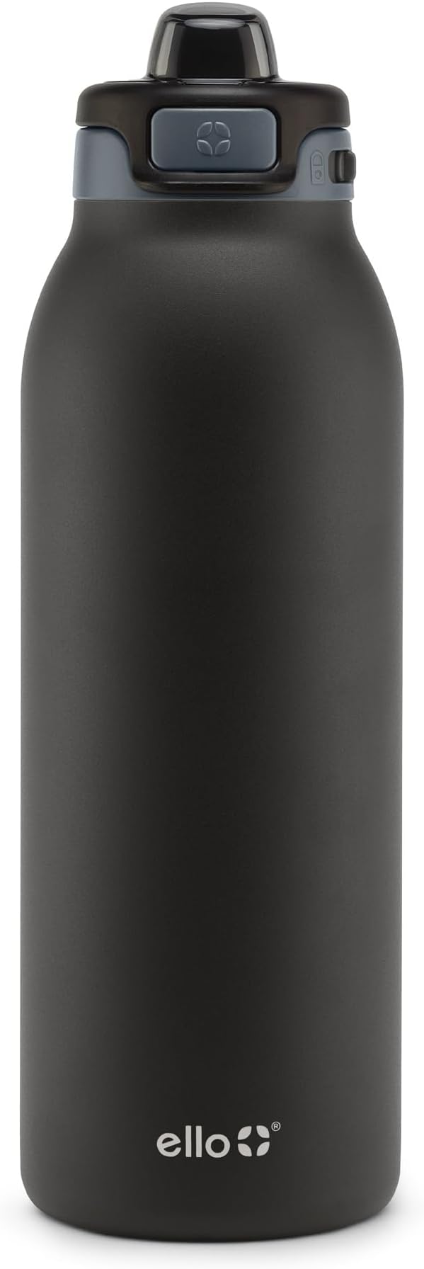 Ello Pop & Fill 40oz Stainless Steel Water Bottle with Quick Fill Technology, Double Walled and Vacuum Insulated Metal, Leak Proof Locking Lid, Sip and Chug, Reusable, BPA Free, Tonal Black