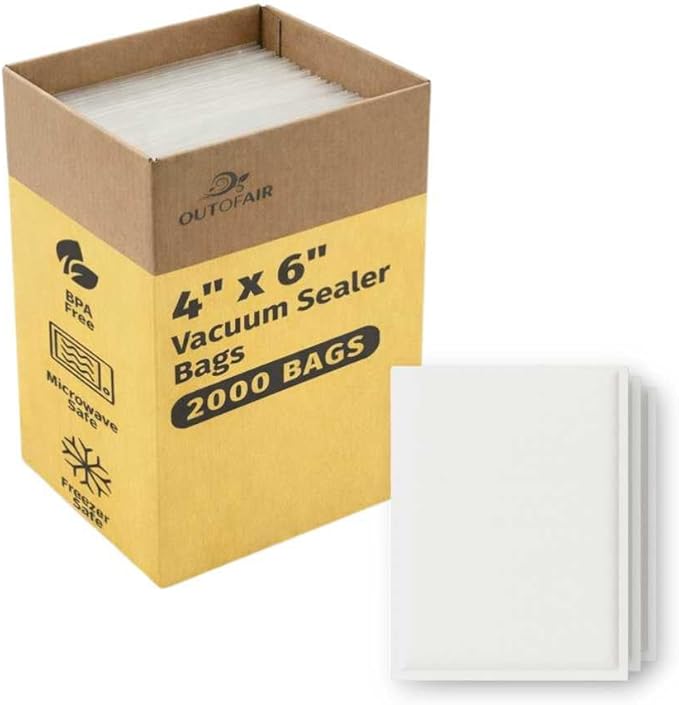 OutOfAir 4" x 6" Vacuum Sealer Bags 2000 Bag (Bulk Case) - Heavy Duty 7-Layer 4 Mil Plastic, Commercial Grade, BPA Free, Food Safe, Fits All Vacuum Sealer Machines, Sous Vide Compatible
