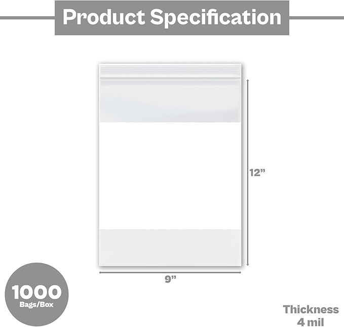 PSBM 1000 Count 4 Mil 9 Inch x 12 Inch, White Block Reclosable Poly Bags, With Write-On Block, Clear Zip Plastic Bag, Lock Seal Zipper For Packing, Storing, Organizing & Shipping Products