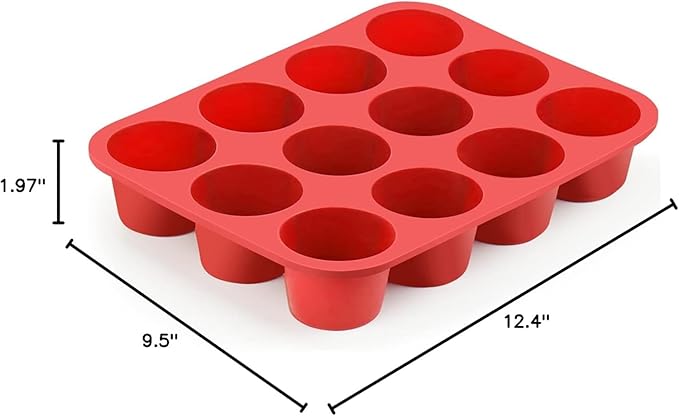 Silicone Muffin Pan, 12-Cup Non-Stick Popover Baking Tray for Muffins, Brownies, Yorkshire Puddings, Red, 12.4 x 9.5 Inch, Set of 2
