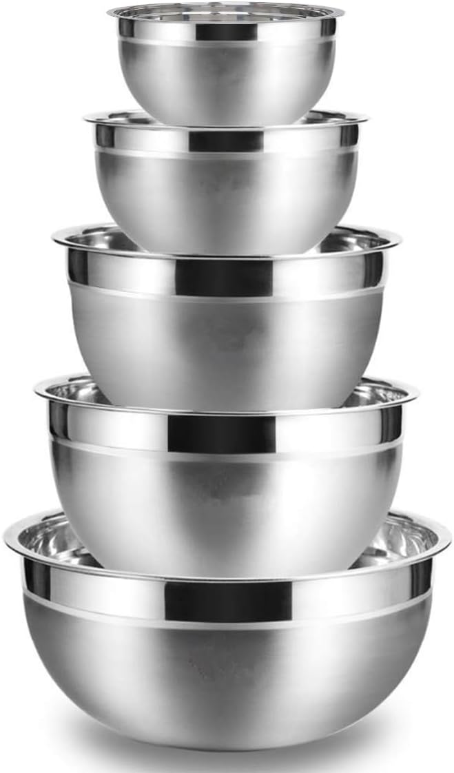 Mixing Bowls, 5Pcs Stainless Steel Mixing Bowl Set, Utensils for the Kitchen, Multifunctional, Stackable, Dishwasher Safe, 3.75L / 3.25L / 2.5L / 2L / 1.3L (Without)