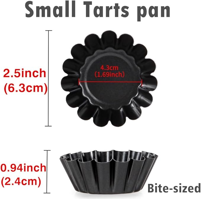 12-Pack 2.5 Inch Nonstick Mini Tart Pans Fluted Side for Pies Pan Round Deep Quiche Mold Heavy Duty Carbon Steel Baking Cupcake Egg Tarts Mousse Cakes Fruit and Desserts Molds for Oven