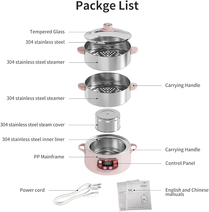 Bear Electric Multifunctional Food Steamer, One Touch Digital Steamer with Timer, Vegetable Steamer 2 Tiered Stackable Stainless Steel Baskets, Auto Shut-off & Anti-dry Protection, 1200W, 8.5Quart