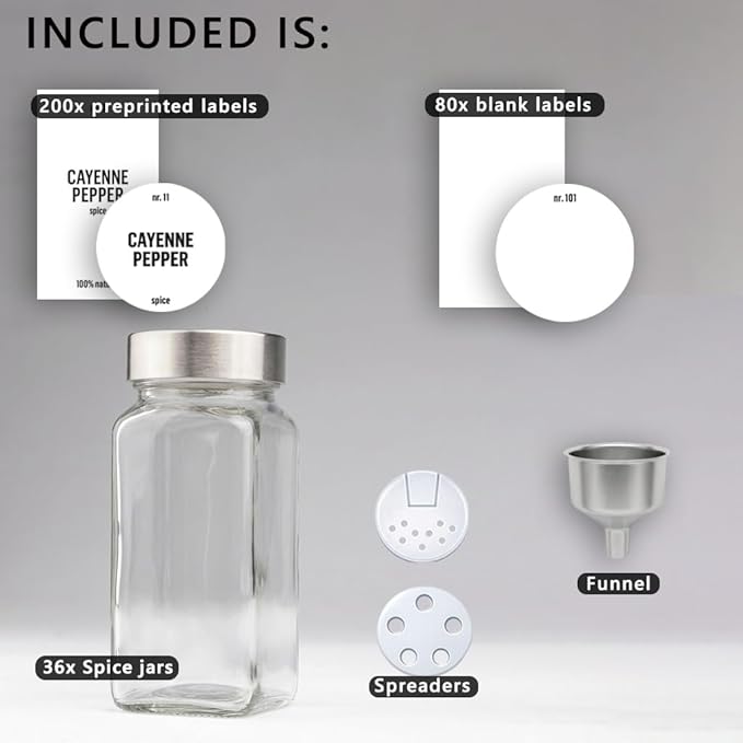 Deco haus Glass Spice Jars with Label 36x4oz [WHITE LABELS incl] Spice Containers with Labels, Shaker Lids & Funnel - Empty Herb Seasoning Containers, Small Seasoning Bottles for Herb with Lid