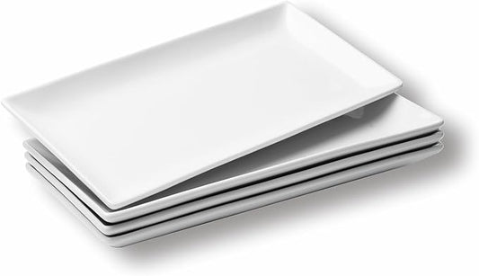 WishDeco Ceramic Serving Platters Set of 4, Rectangle Serving Trays 12 inch, White Serving Plates, Long Platter for Cake, Steak, Sushi, Appetizer