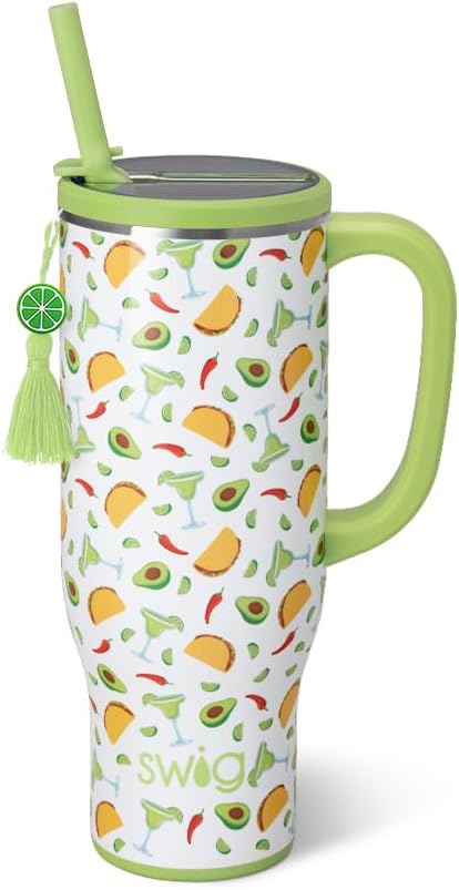 Swig Life 30oz Mega Mug, 30oz Tumbler with Handle and Straw, Large Insulated Tumblers, Cup Holder Friendly Travel Mug, Stainless Steel 30 oz Tumbler, Reusable Insulated Water Bottle (Taco Night)