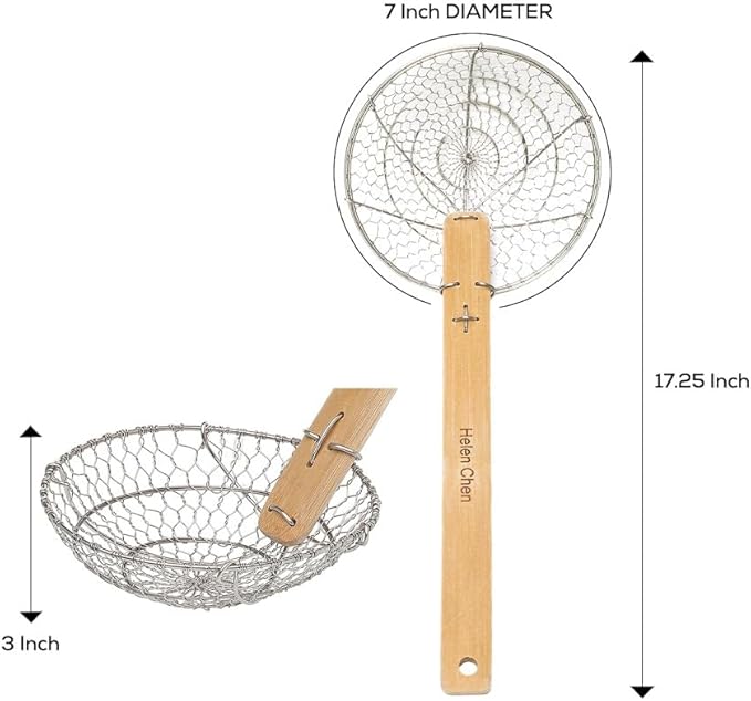 Helen’s Asian Kitchen Spider Strainer | 7-Inch Stainless Steel Wire Mesh Ladle with Sustainable Wood Handle for Large Batch Cooking and Frying, Set of 2