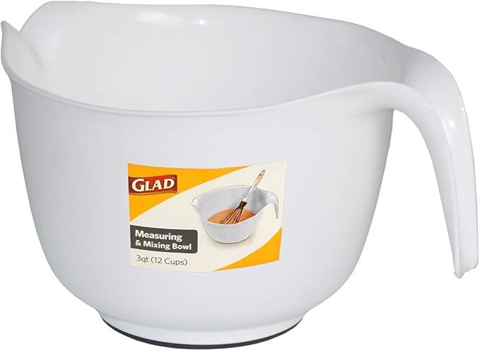 Glad Mixing Bowl with Handle – 3 Quart | Heavy Duty Plastic with Pour Spout and Non-Slip Base | Dishwasher Safe Kitchen Supplies for Cooking and Baking, White (Pack of 6)