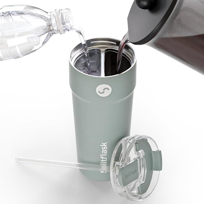Splitflask 2-in-1 Dual Chamber Tumbler 30oz Hot & Cold Insulated Cup with Straw & Sip Lid, Leak Resistant Stainless Steel Travel Mug for Coffee, Water, Moms, Gym, Work, Car Cup Holder BPA-Free
