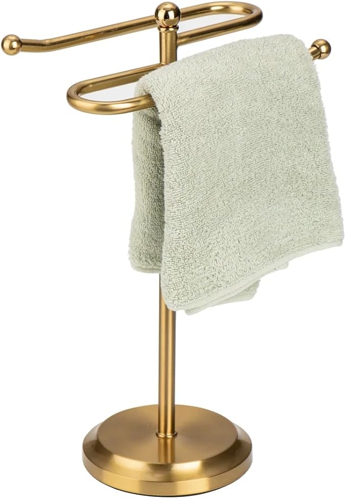 J&V TEXTILES Classical Steel Towel Rack Holder Stand with 2 Hanging Rings for Bathroom Vanity Countertops - Space Saving Hand Towel Holder (Aged Brass)