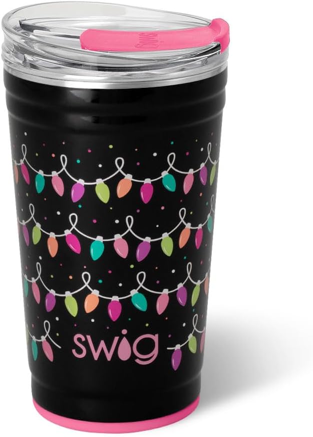 Swig Life 24oz Party Cup, Stackable Insulated Travel Coffee Tumbler with EZ Slider Lid, Cup Holder Friendly Travel, Stainless Steel 24 oz Tumbler, Reusable Mug (Tacky Lights)