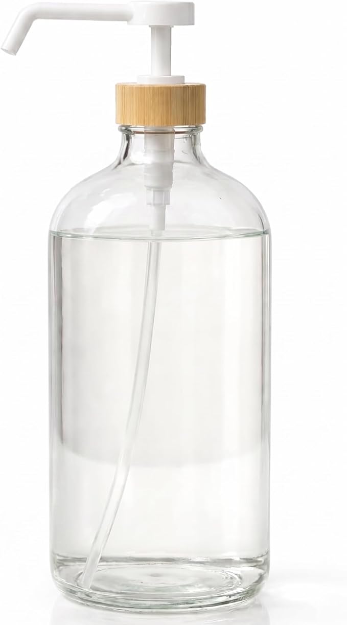 SAVVY & SORTED Glass Dish Soap Dispenser for Kitchen Sink 1 Liter, Hand Soap Dispenser for Bathroom, Refillable Clear Glass Bottles with White Bamboo Pump for Liquid Hand Wash, 34 Fl Oz