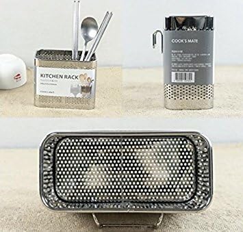 Kitchen Utensils Chopsticks Holder Stainless Steel Perforated Drying Rack Basket with Hooks 2 Divided Compartments Large