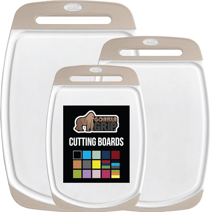GORILLA GRIP BPA-Free Reversible Kitchen Cutting Board Set of 3, US Designed, Nonporous, Juice Grooves Catch Liquid, Slip Resistant Border, Dishwasher Safe, Durable Large Food Chopping Boards, Almond