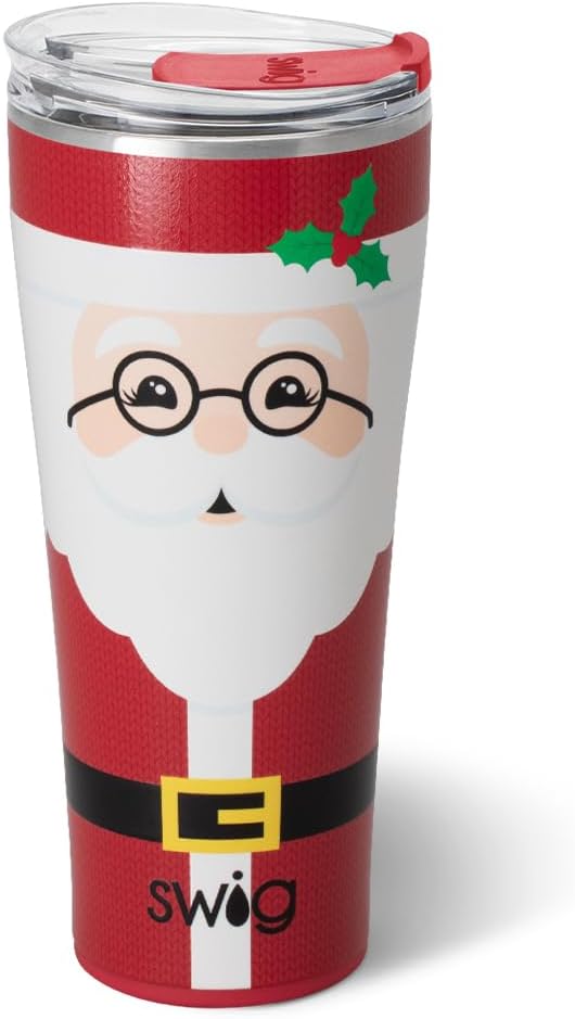 Swig Life 32oz Insulated Tumbler, Travel Coffee Tumbler with Lid, Cup Holder Friendly Travel Coffee Mug, Stainless Steel, 32 oz, Reusable Insulated Mug with Lid (Mr Claus)