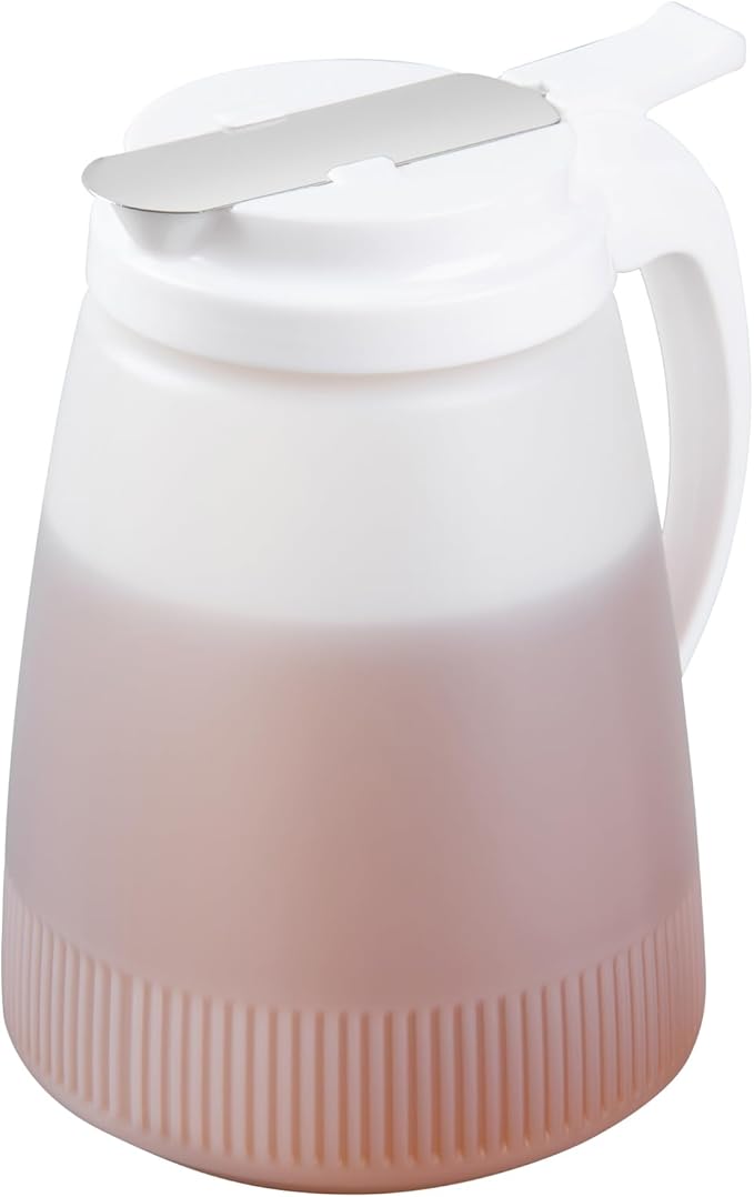 Restaurantware-Chef 101 48 Ounce All Purpose Syrup Dispenser, 1 Honey Dispenser - White Top, Stainless Steel Slide Cover, Plastic Pancake Syrup Bottle, Perfect For Diners, Restaurants, Home