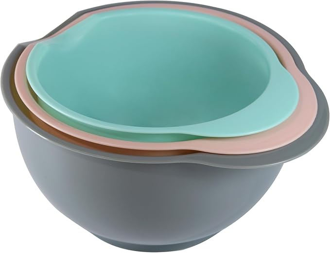 Set of 3 Mixing Bowls with Pour Spout-Nesting Design Saves Space - Non-Slip, BPA Free, Dishwasher Safe Plastic - Kitchen Cooking and Baking Supplies (Green Pink Grey)