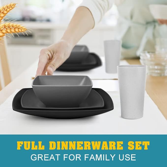 Teivio 48-piece Wheat Straw Square Dinnerware Set for 12, Unbreakable Dinner Plates, Salad Plates, Snack Bowls, Tumblers 13.5 oz, Dishwasher Safe, Plastic Kitchen RV Dish Set, Gray Ombre